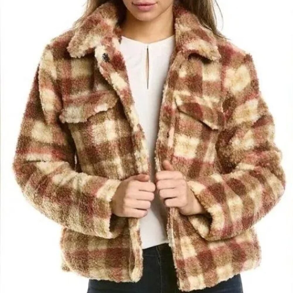 Avec Les Filles Beige Brown Plaid Sherpa Trucker Jacket EUC sz M - Picture 1 of 12